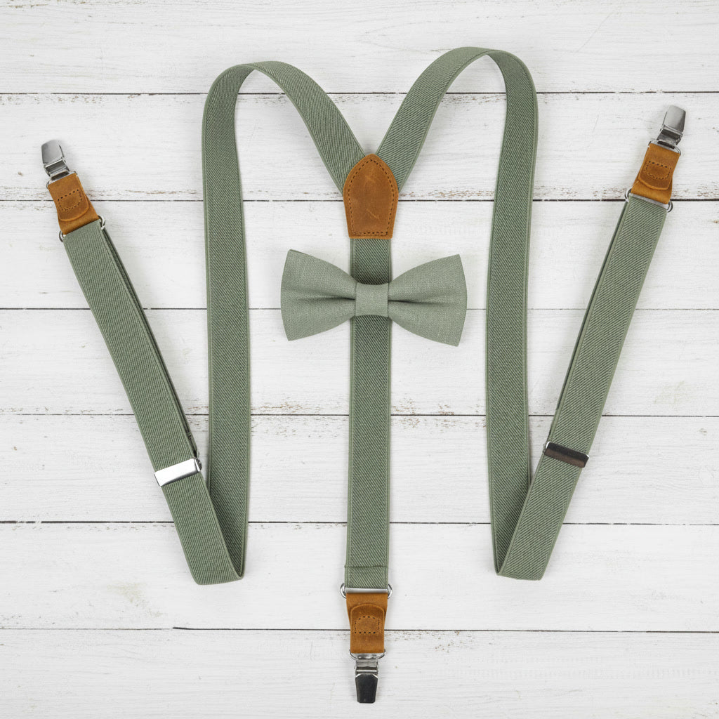 Sage Green Suspenders & Linen Bow Tie Set | 9 Sizes (Age 1–Adult)