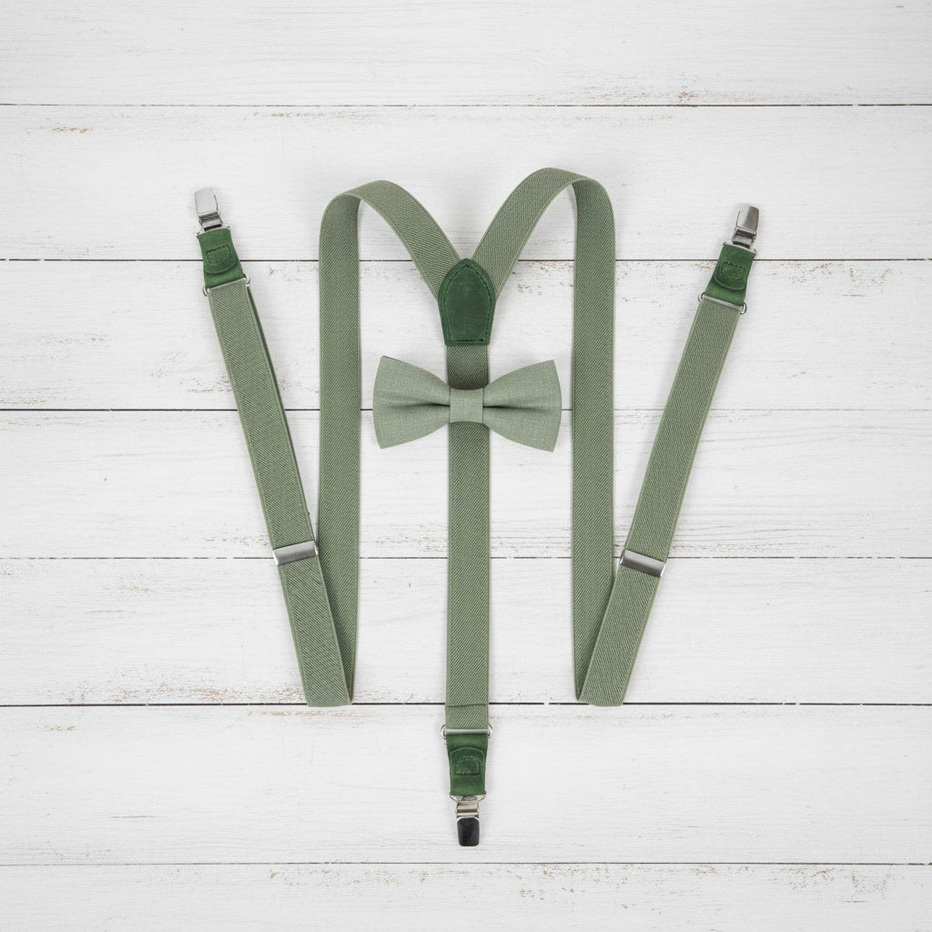 Sage Green Suspenders & Linen Bow Tie Set | 9 Sizes (Age 1–Adult)