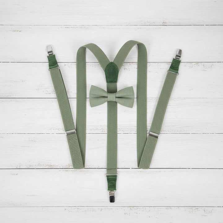 Sage Green Suspenders & Linen Bow Tie Set | 9 Sizes (Age 1–Adult)