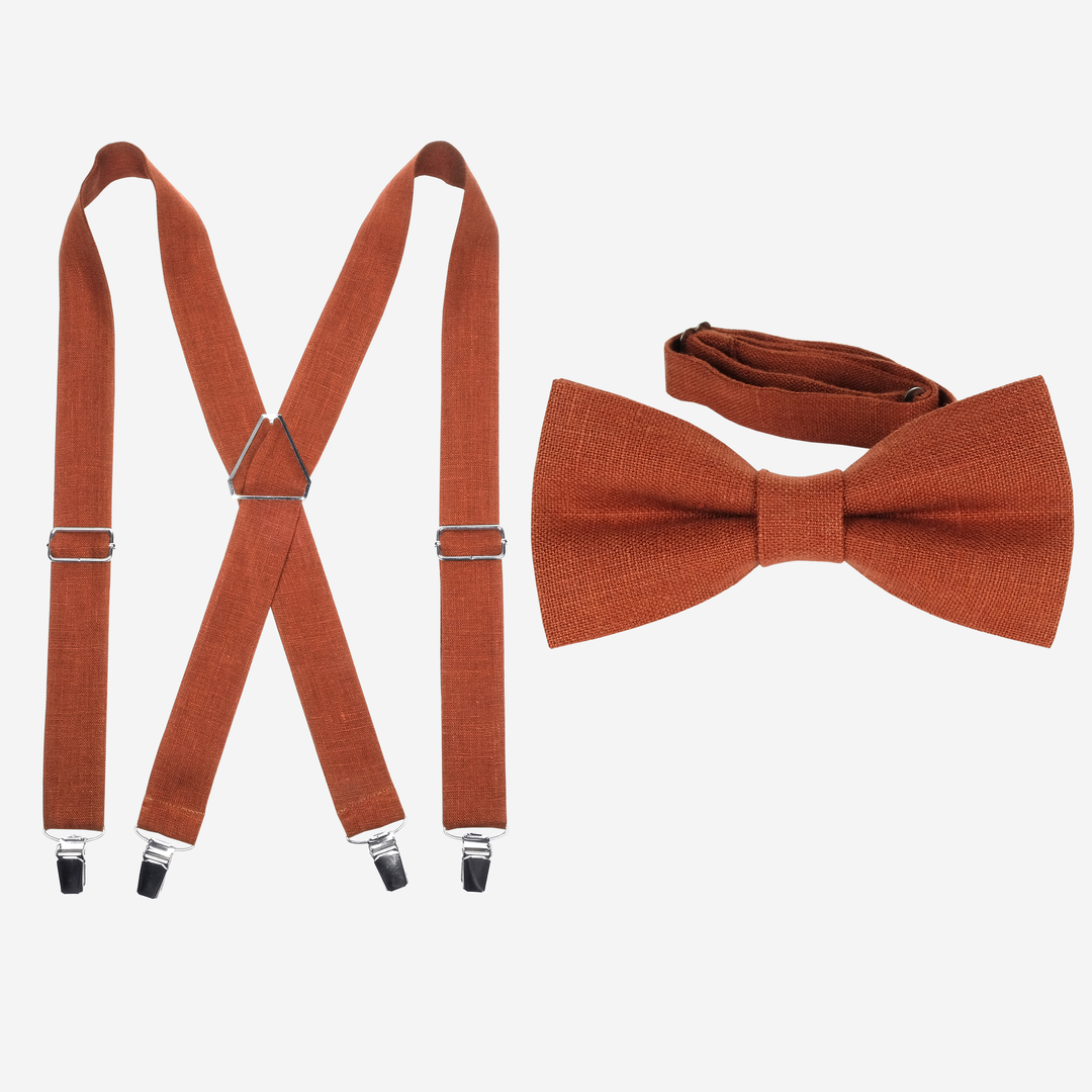 Terracotta Linen Suspenders & Bow Tie Set - Adult & Boys Sizes