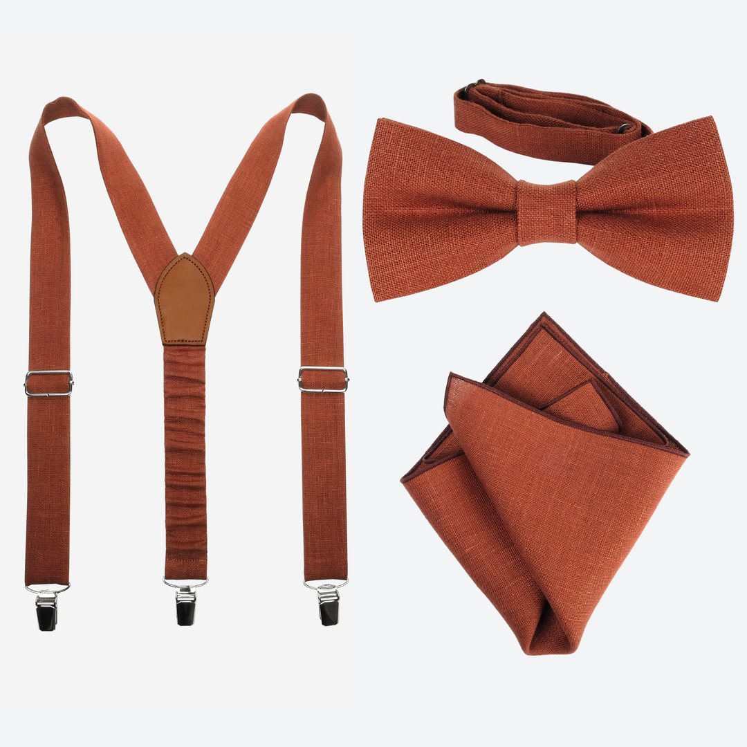 Yellow Linen Suspenders, Bow Tie, Pocket Square Set