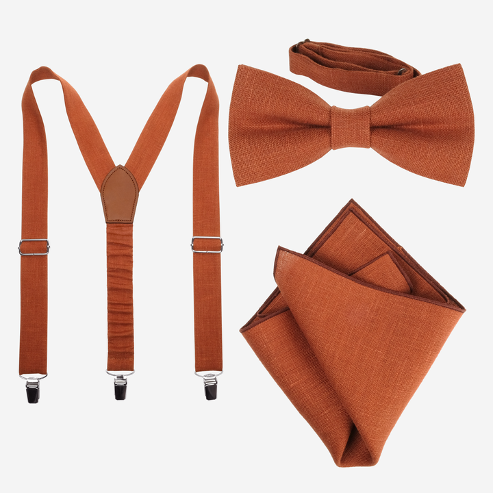 Yellow Linen Suspenders, Bow Tie, Pocket Square Set