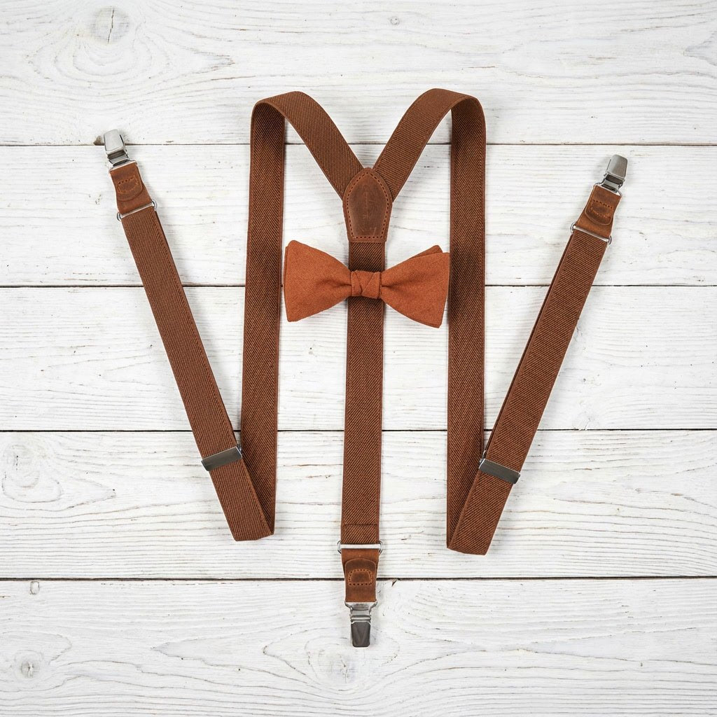 Personalized Rustic Terracotta Suspenders & Linen Bow Tie Set - Hemmitie