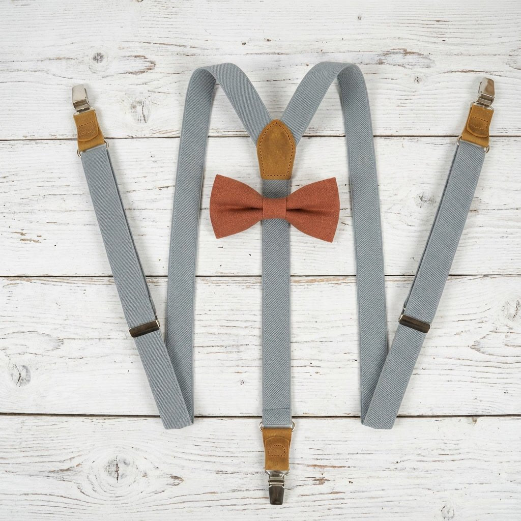 Gray Elastic Suspenders & Linen Bow Tie Set | Adult & Kids Sizes - Hemmitie