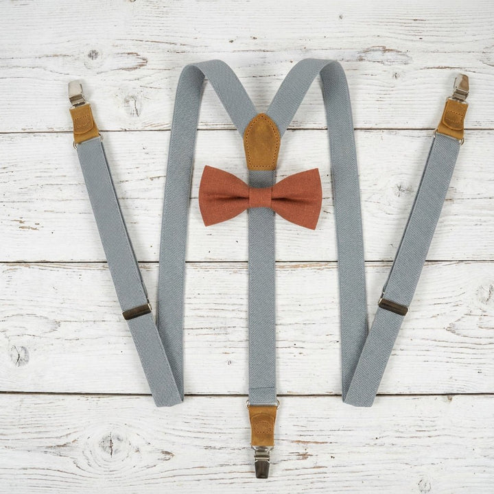 Gray Elastic Suspenders & Linen Bow Tie Set | Adult & Kids Sizes - Hemmitie