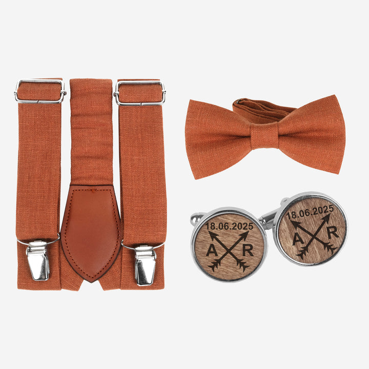 Noeud papillon , bretelles + boutons de manchette en bois