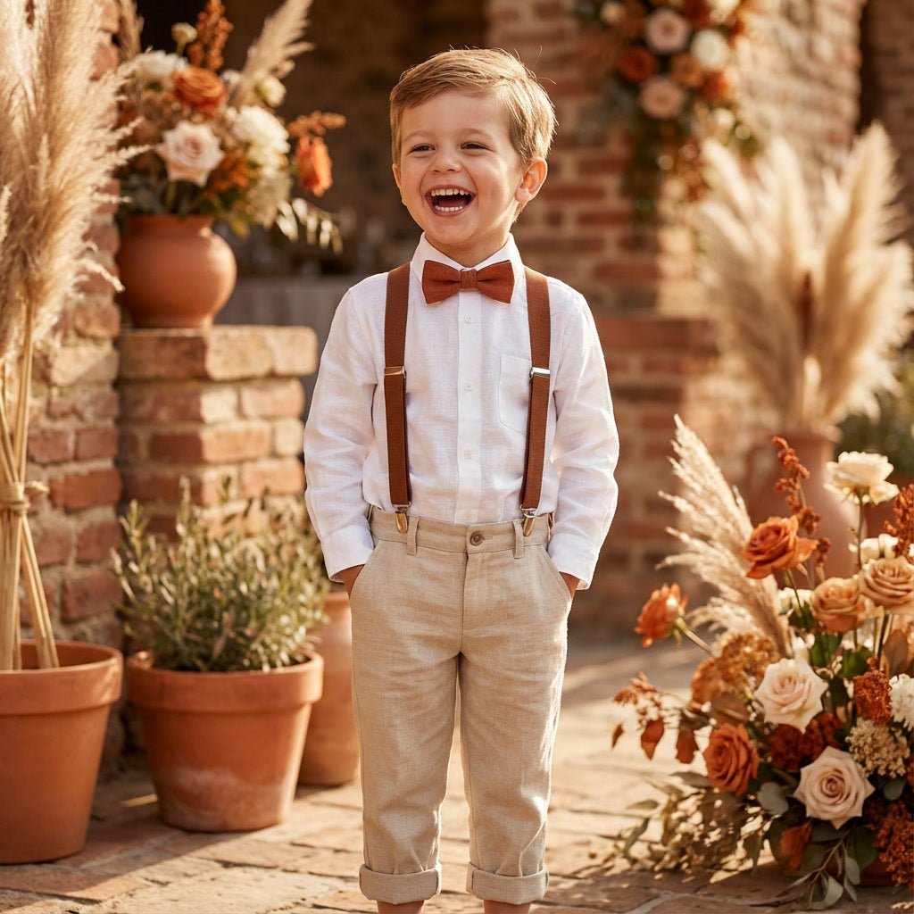 Personalized Rustic Terracotta Suspenders & Linen Bow Tie Set - Hemmitie