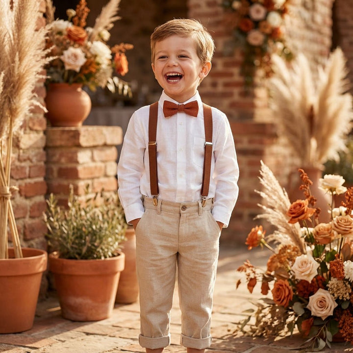 Personalized Rustic Terracotta Suspenders & Linen Bow Tie Set - Hemmitie