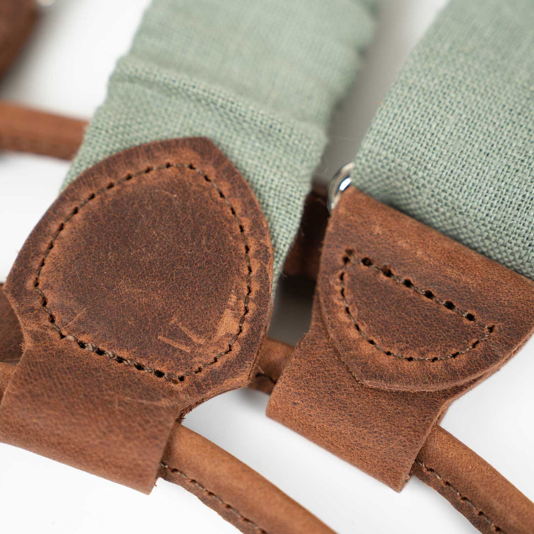 Sage Green Linen Button Suspenders | Handmade Leather Details