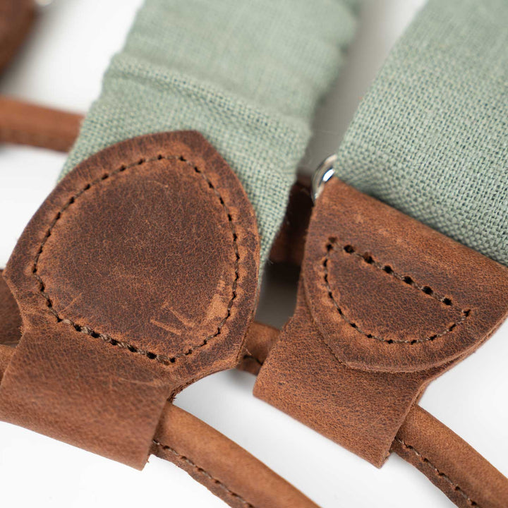 Sage Green Linen Button Suspenders | Handmade Leather Details