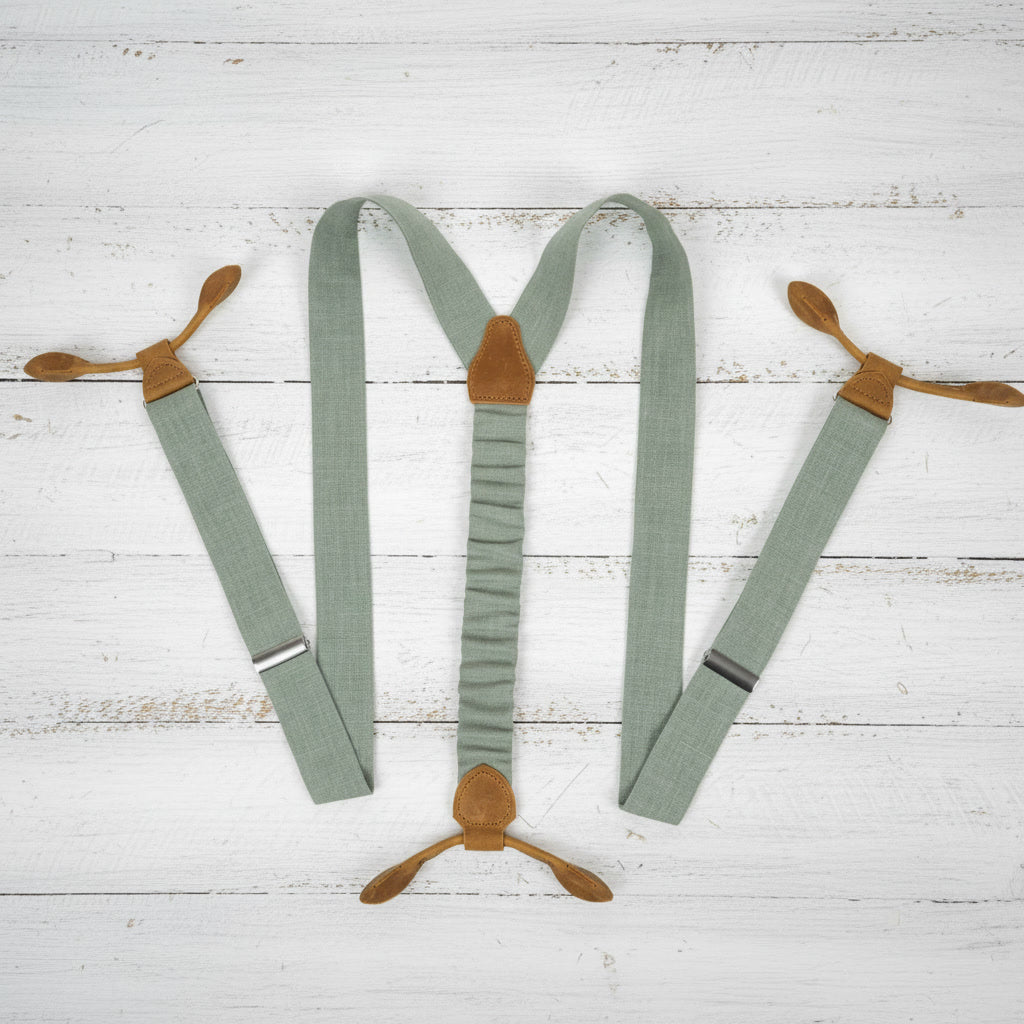 Sage Green Linen Button Suspenders | Handmade Leather Details