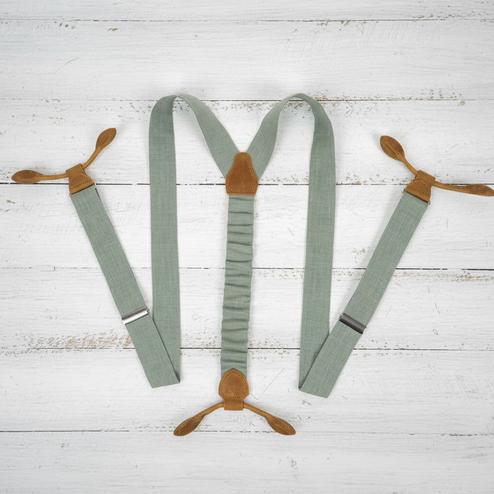 Sage Green Linen Button Suspenders | Handmade Leather Details