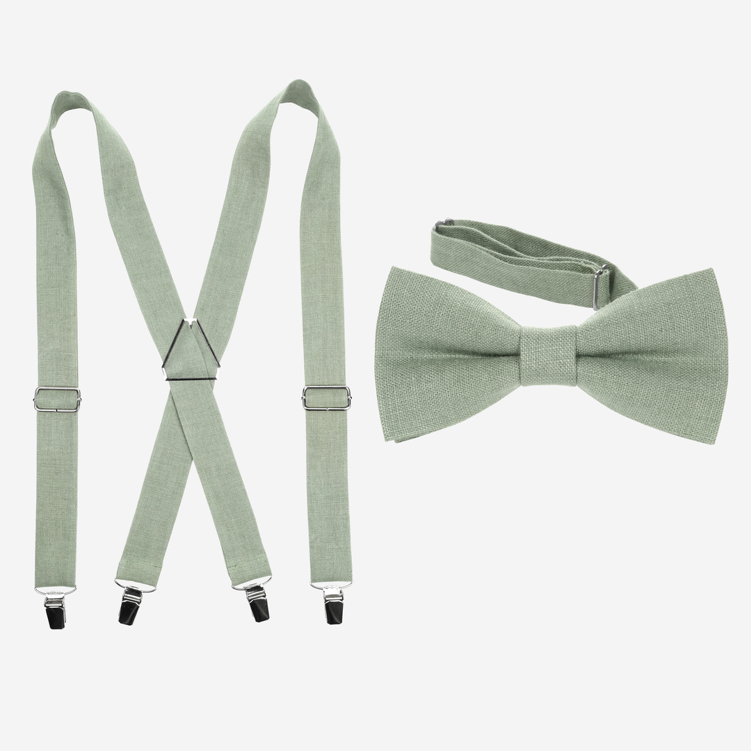 X-Back Sage Green Linen Suspenders & Bow Tie Set