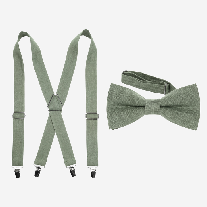 X-Back Sage Green Linen Suspenders & Bow Tie Set