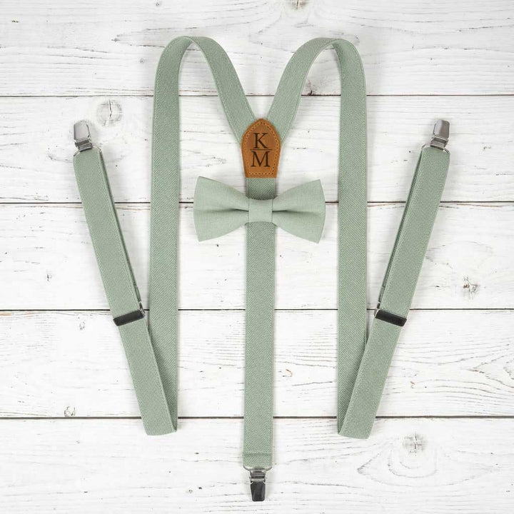 Men's Linen Bow Tie & Elastic Button Suspenders Set - Leather Detail