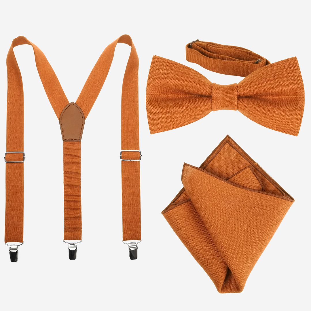 Yellow Linen Suspenders, Bow Tie, Pocket Square Set